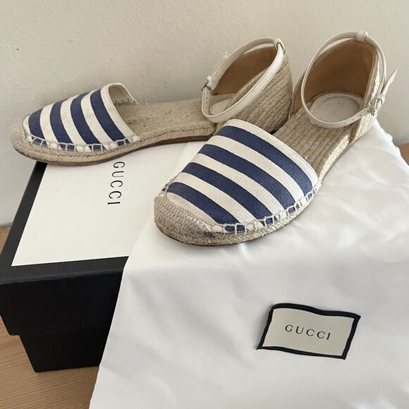 Gucci Espadrilles Flats Size 37 Canvas Striped Tan Blue Ankle Strap Shoes Dorsay - Picture 1 of 16